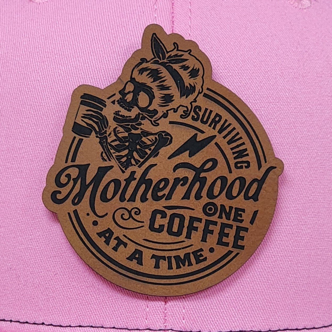 Motherhood Fueled by Coffee Engraved Leatherette Hat Patch - MR01 - LoneStar Adhesive