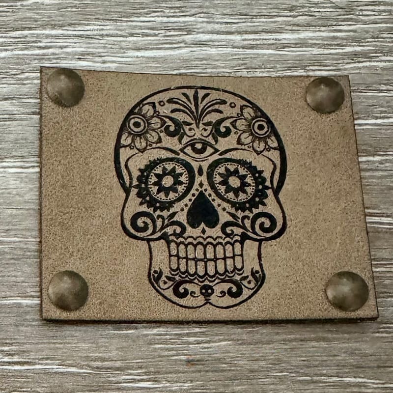 Candy Skull Leather Iron-On Patch with Studs - Tan