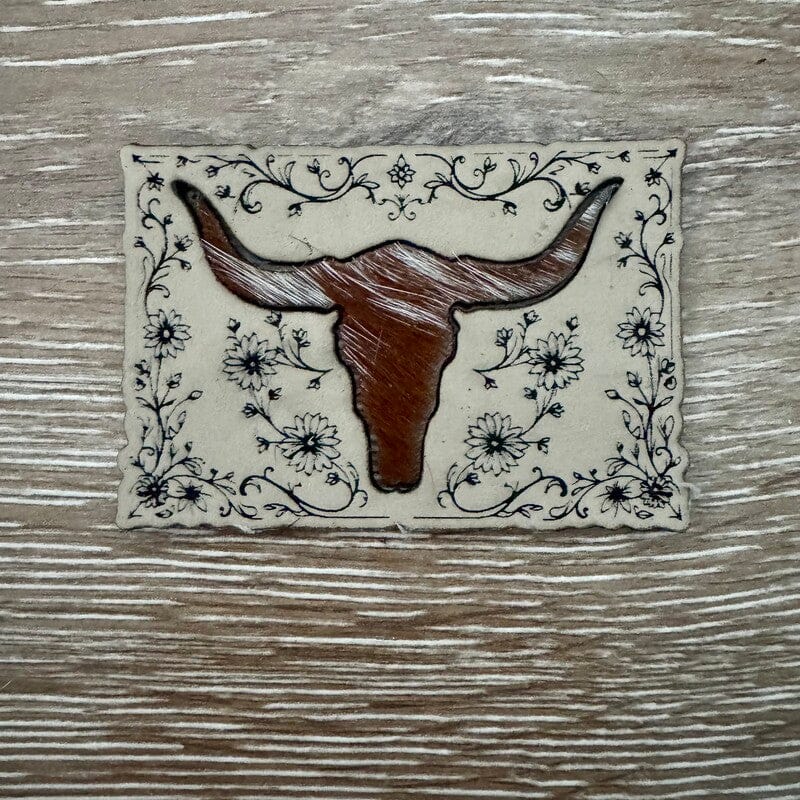 Longhorn Skull Floral Leatherette and Genuine Cowhide Iron-On Patch