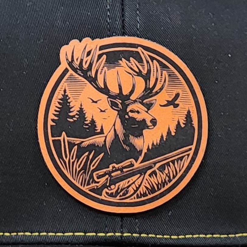 Orange Deer Hunting Engraved Leatherette Hat Patch - MR01 - LoneStar Adhesive
