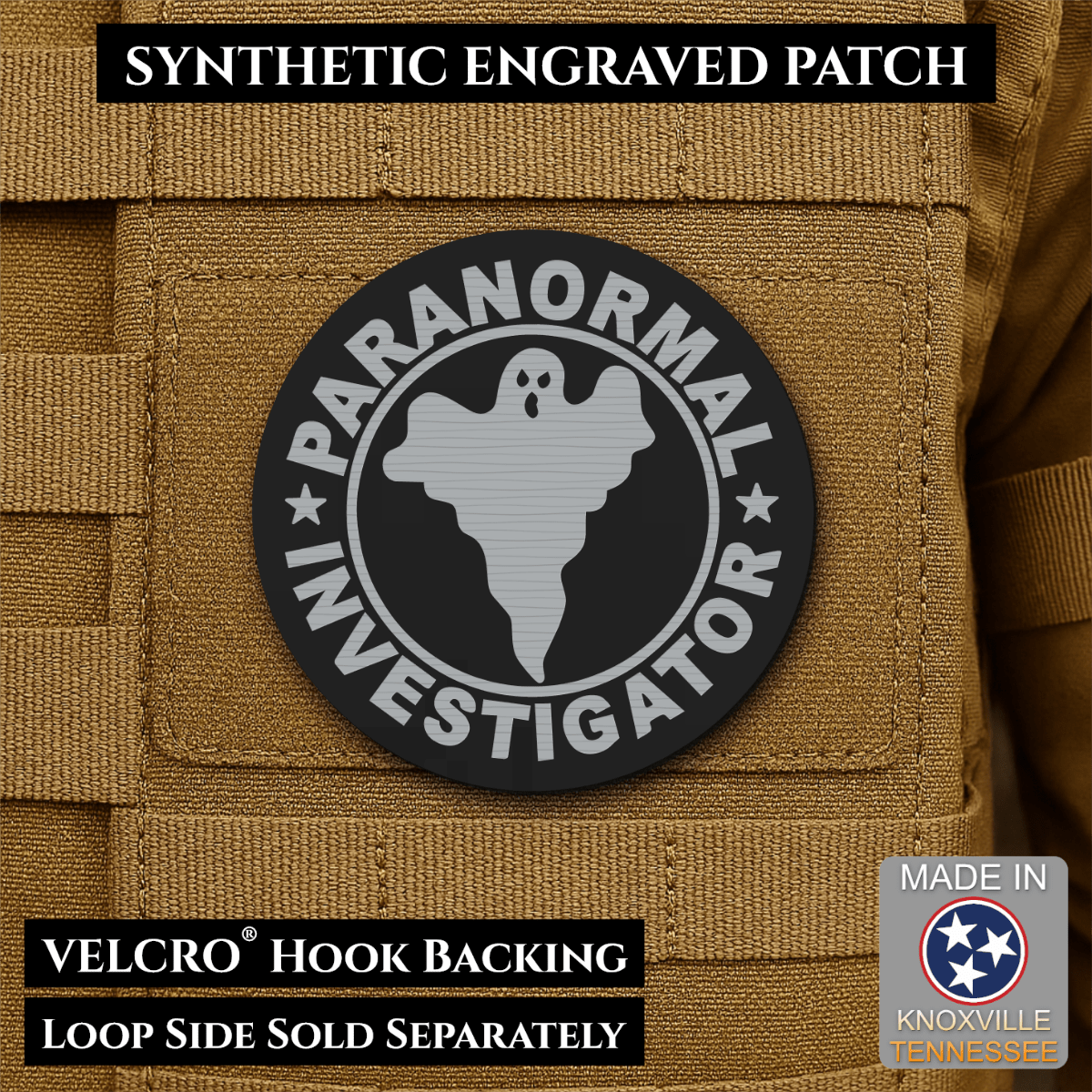 Front design and hook backing of Paranormal Investigator patch in black / silver
