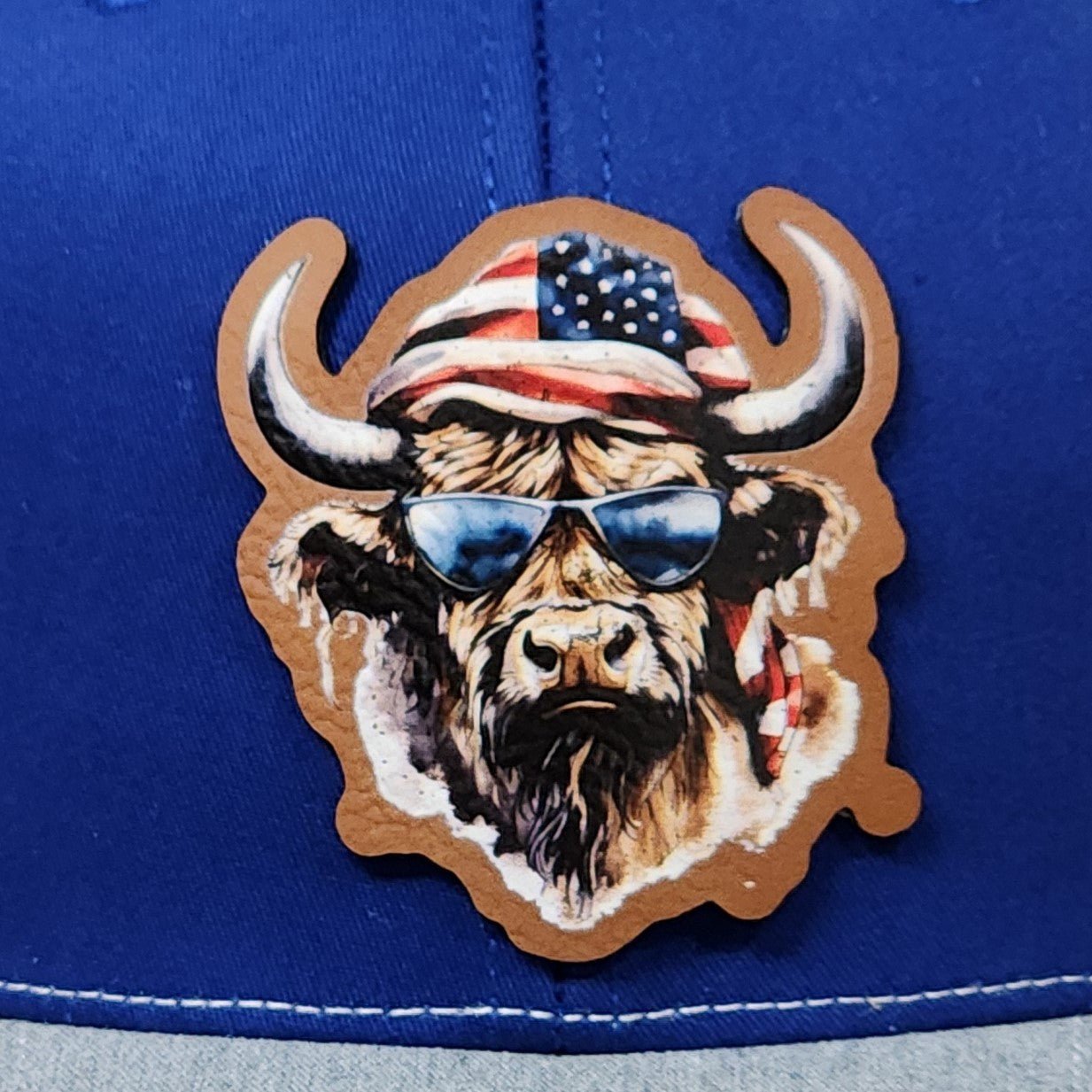 Patriotic Bison in Sunglasses UV Printed Leatherette Hat Patch - MR01 - LoneStar Adhesive