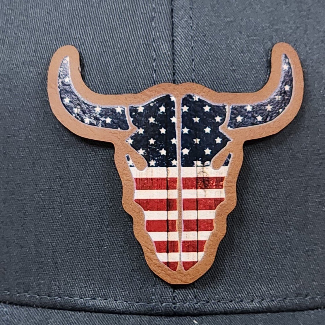 Patriotic Bull Skull Design UV Printed Leatherette Hat Patch - MR01 - LoneStar Adhesive
