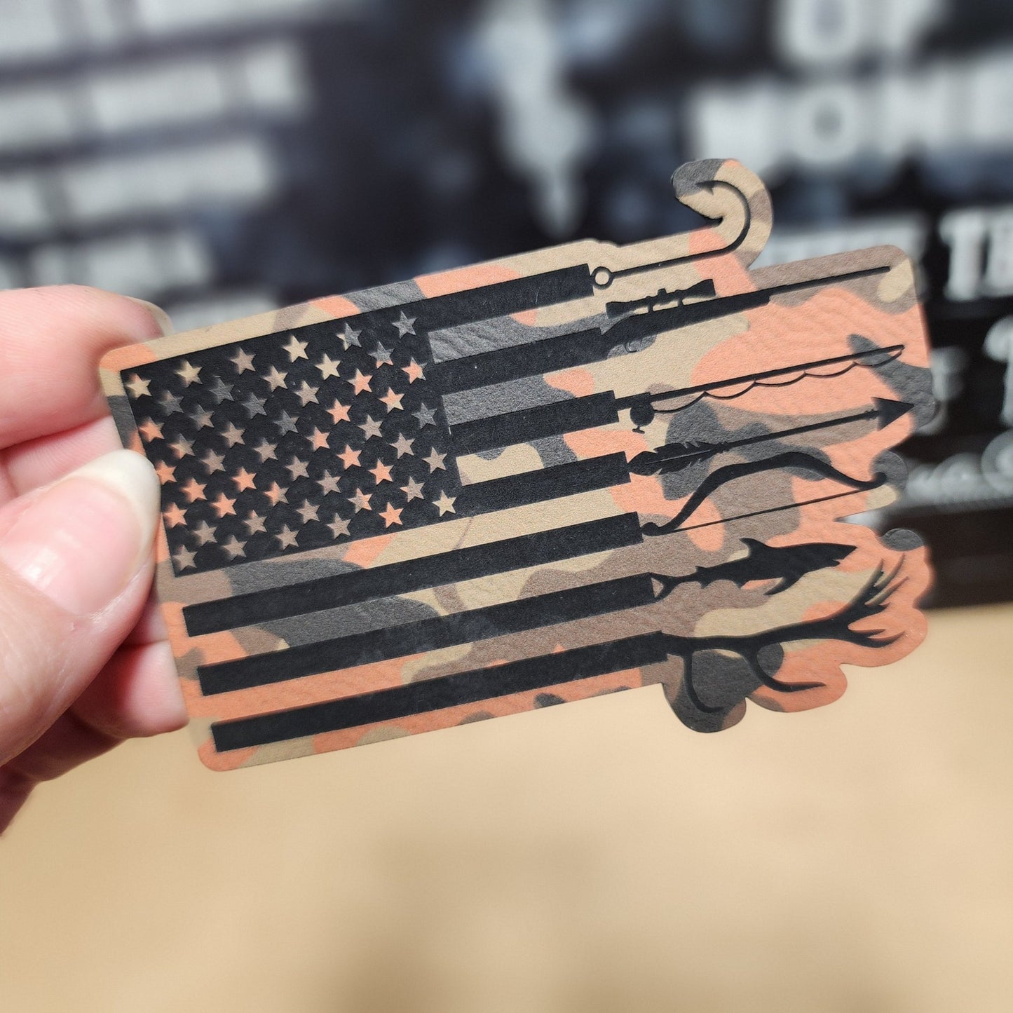 Patriotic Camo Fishing Engraved Leatherette Hat Patch - MR01 - LoneStar Adhesive