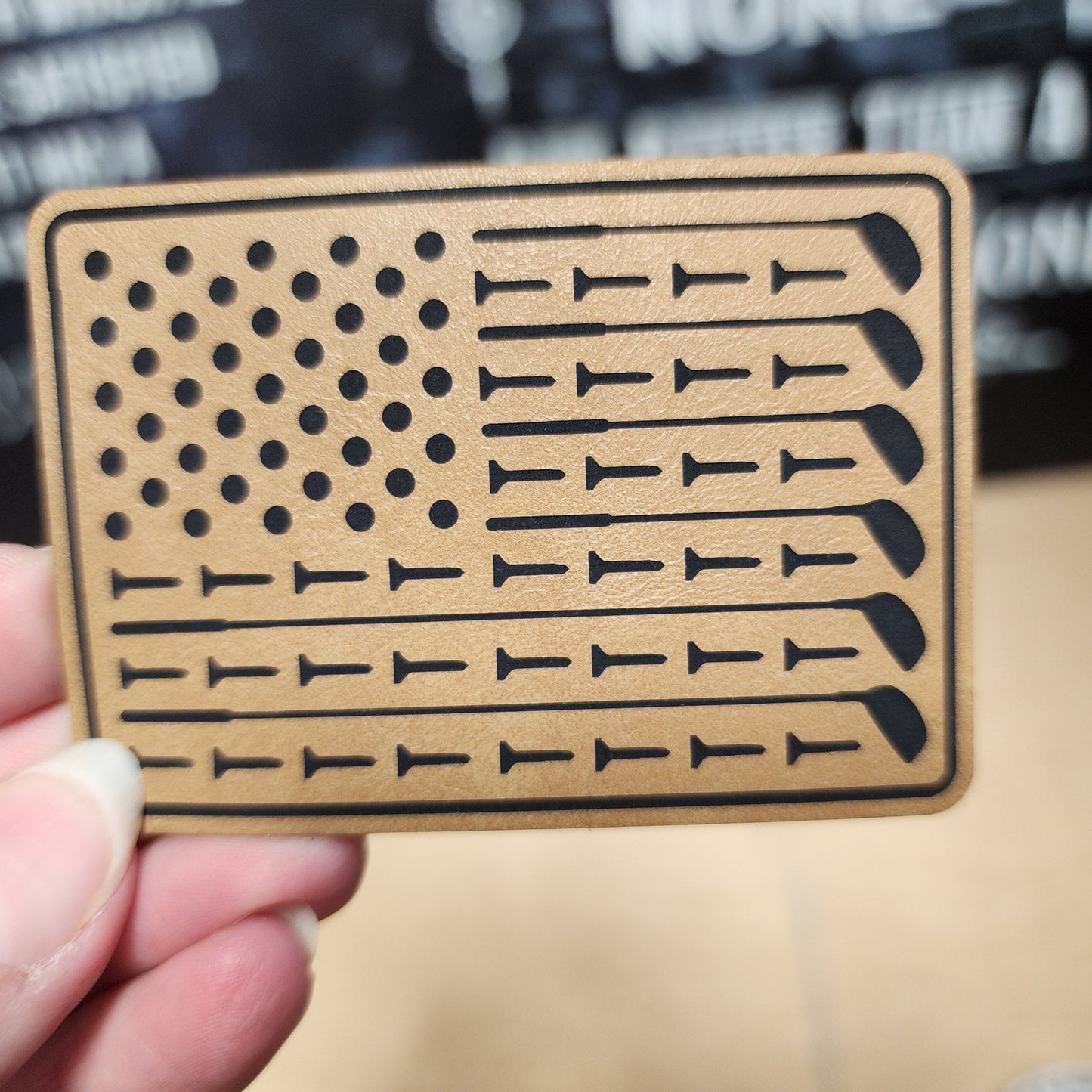 Patriotic Golf Flag (Saddle Tan) Engraved Leatherette Hat Patch - MR01 - LoneStar Adhesive