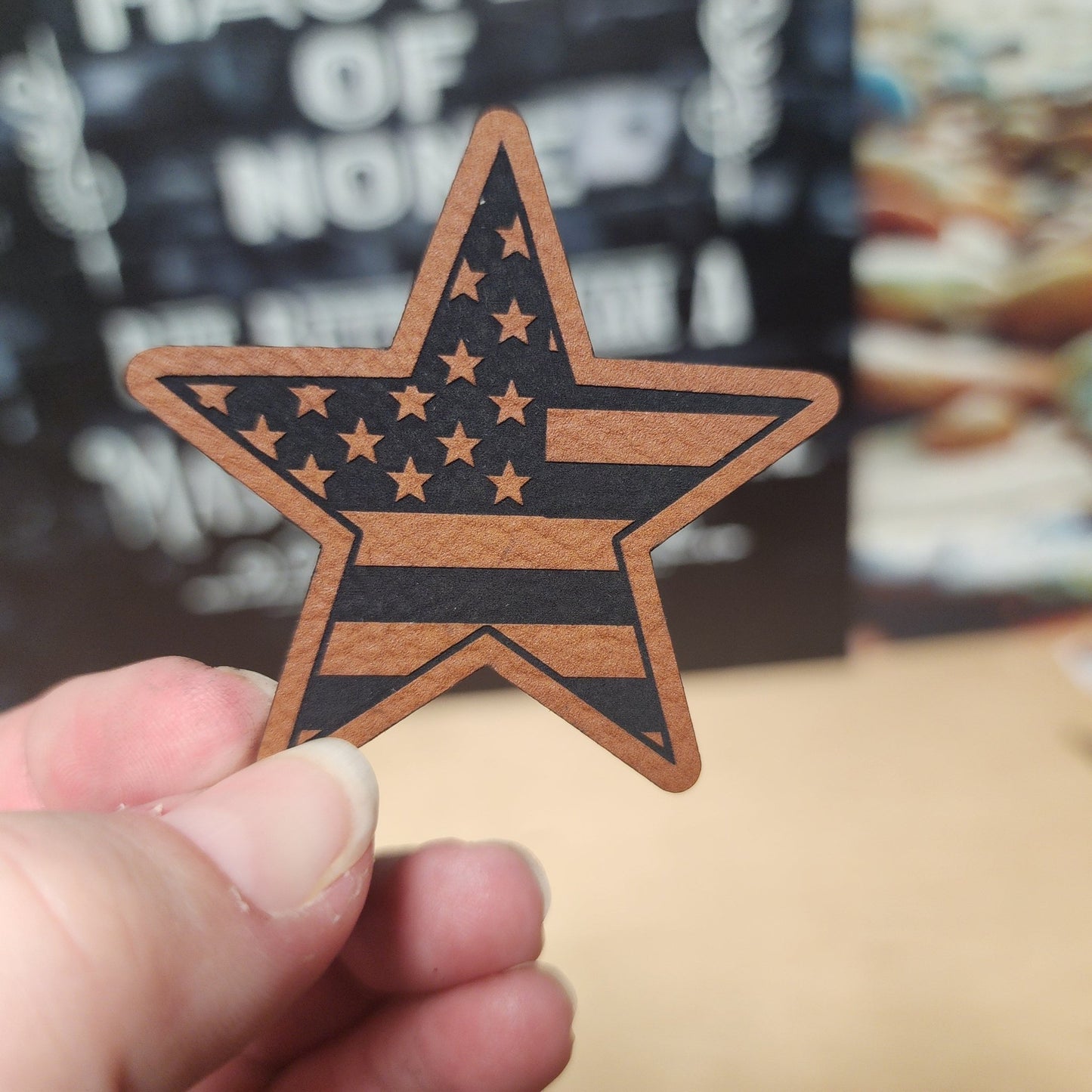 Patriotic Star with Flag (Rawhide) Engraved Leatherette Hat Patch - MR01 - LoneStar Adhesive