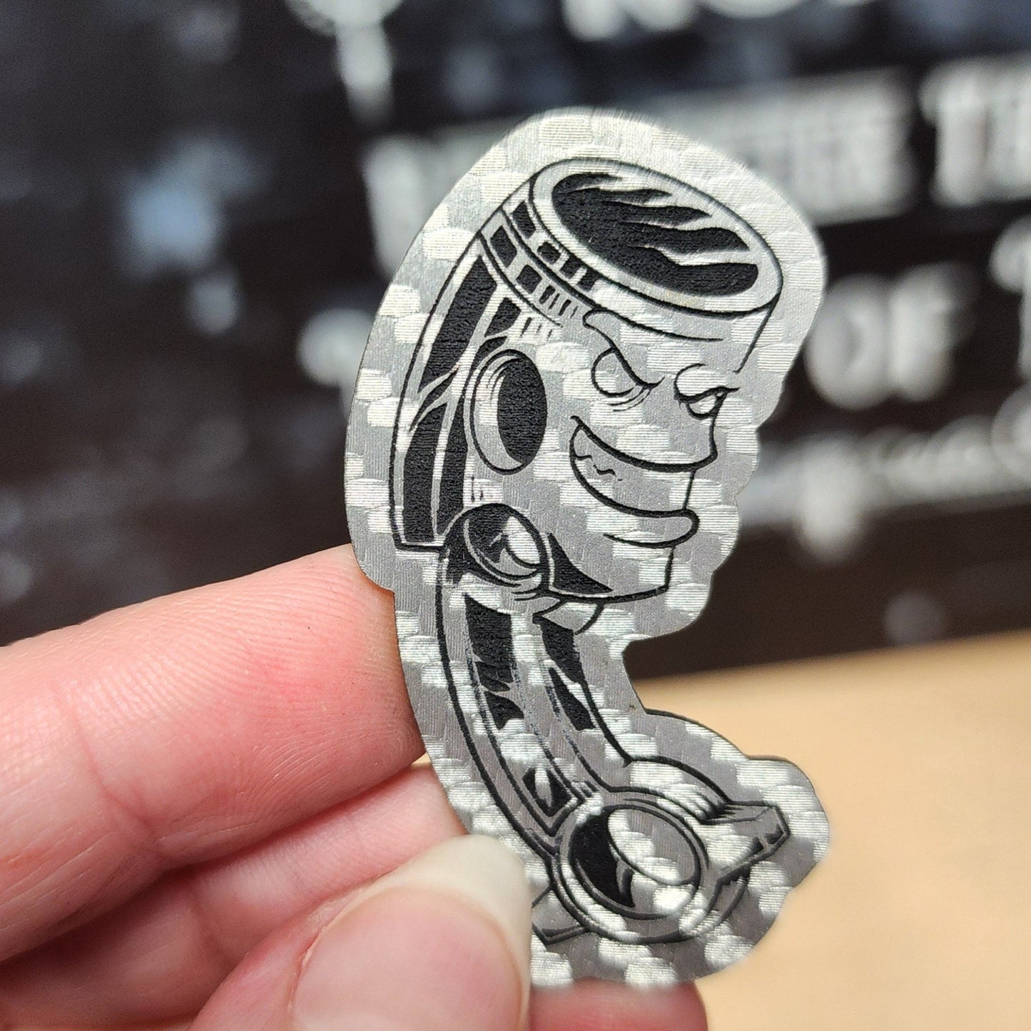 Piston Character Car Engraved Leatherette Hat Patch - MR01 - LoneStar Adhesive