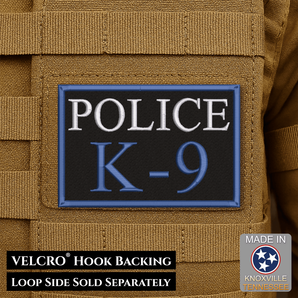 Front design and hook backing of Police K9 Dog patch in black with white POLICE and blue K-9 lettering and border