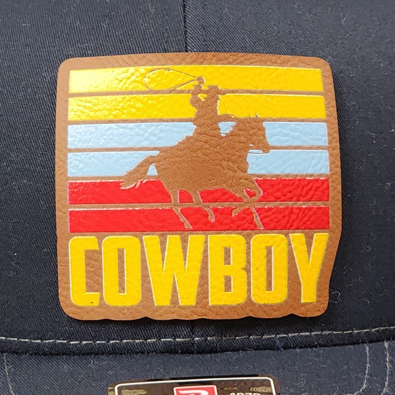Retro Cowboy Riding Hat Patch UV Printed Leatherette Hat Patch - MR01 - LoneStar Adhesive