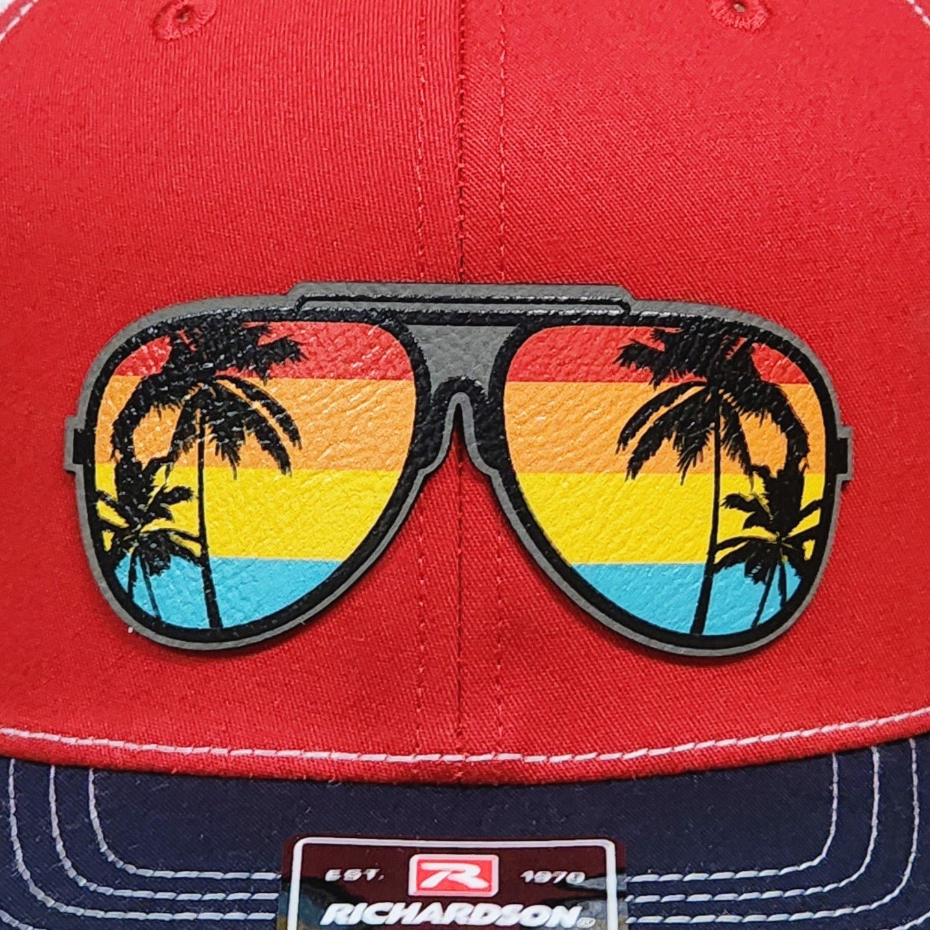 Retro Sunglasses with Palms UV Printed Leatherette Hat Patch - MR01 - LoneStar Adhesive