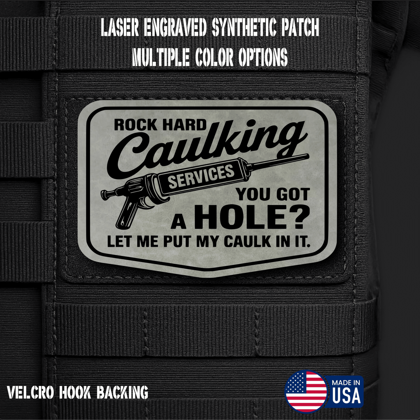 Rock Hard Caulking Services Funny Morale Patch | Made in USA | VELCRO® Brand Hook Backing - LoneStar Adhesive