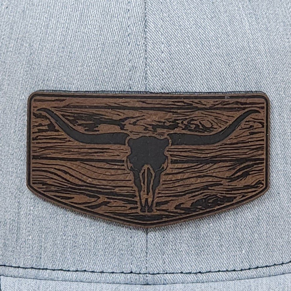Rustic Longhorn Skull Engraved Leatherette Hat Patch - MR01 - LoneStar Adhesive