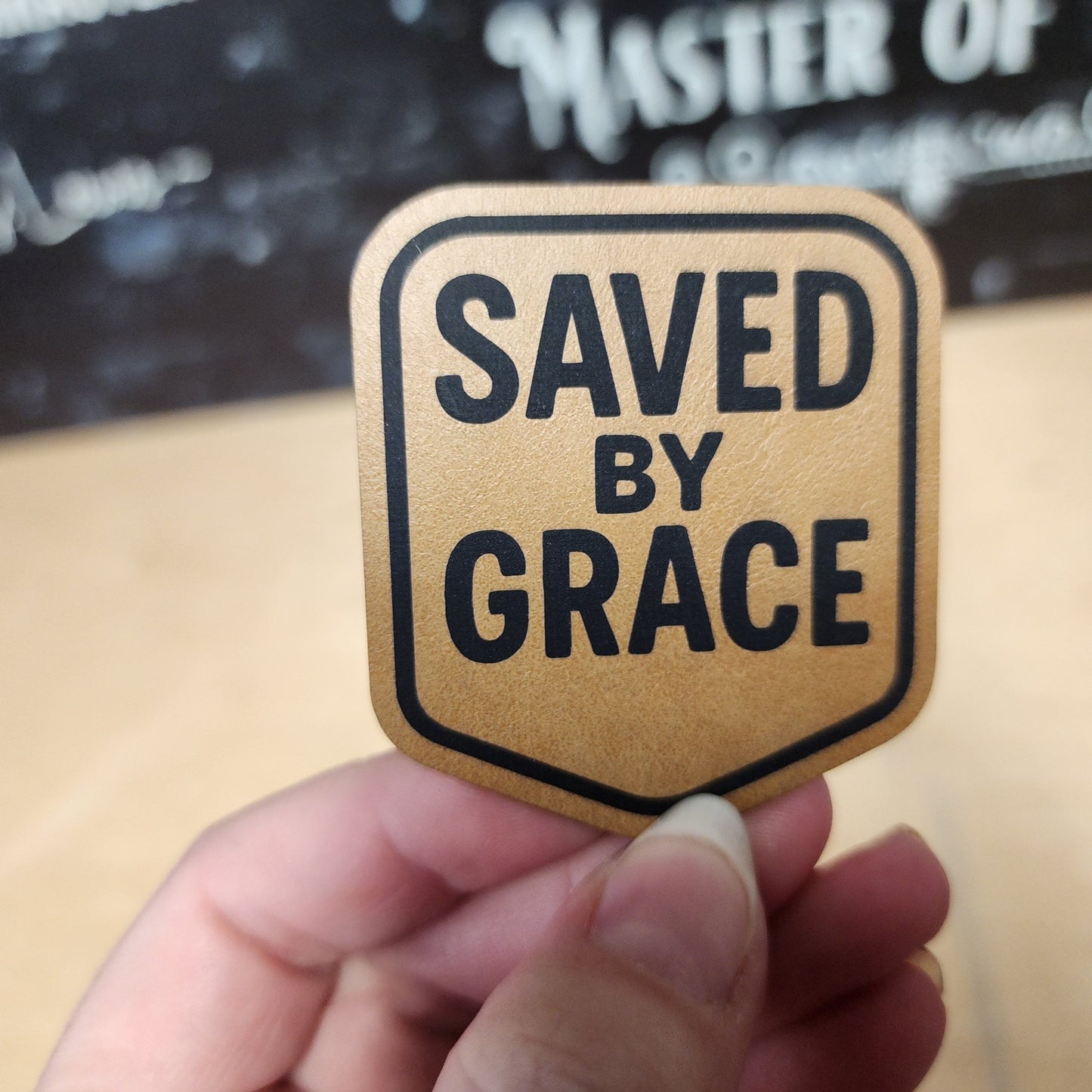 Saved by Grace (Saddle Tan) Engraved Leatherette Hat Patch - MR01 - LoneStar Adhesive