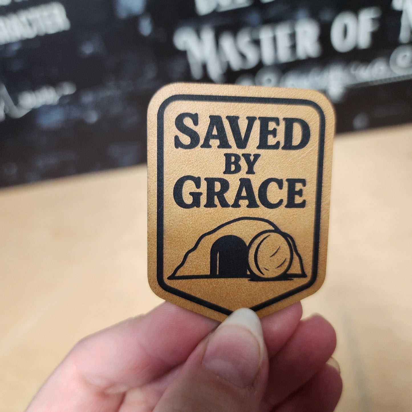 Saved By Grace Tomb (Saddle Tan) Engraved Leatherette Hat Patch - MR01 - LoneStar Adhesive