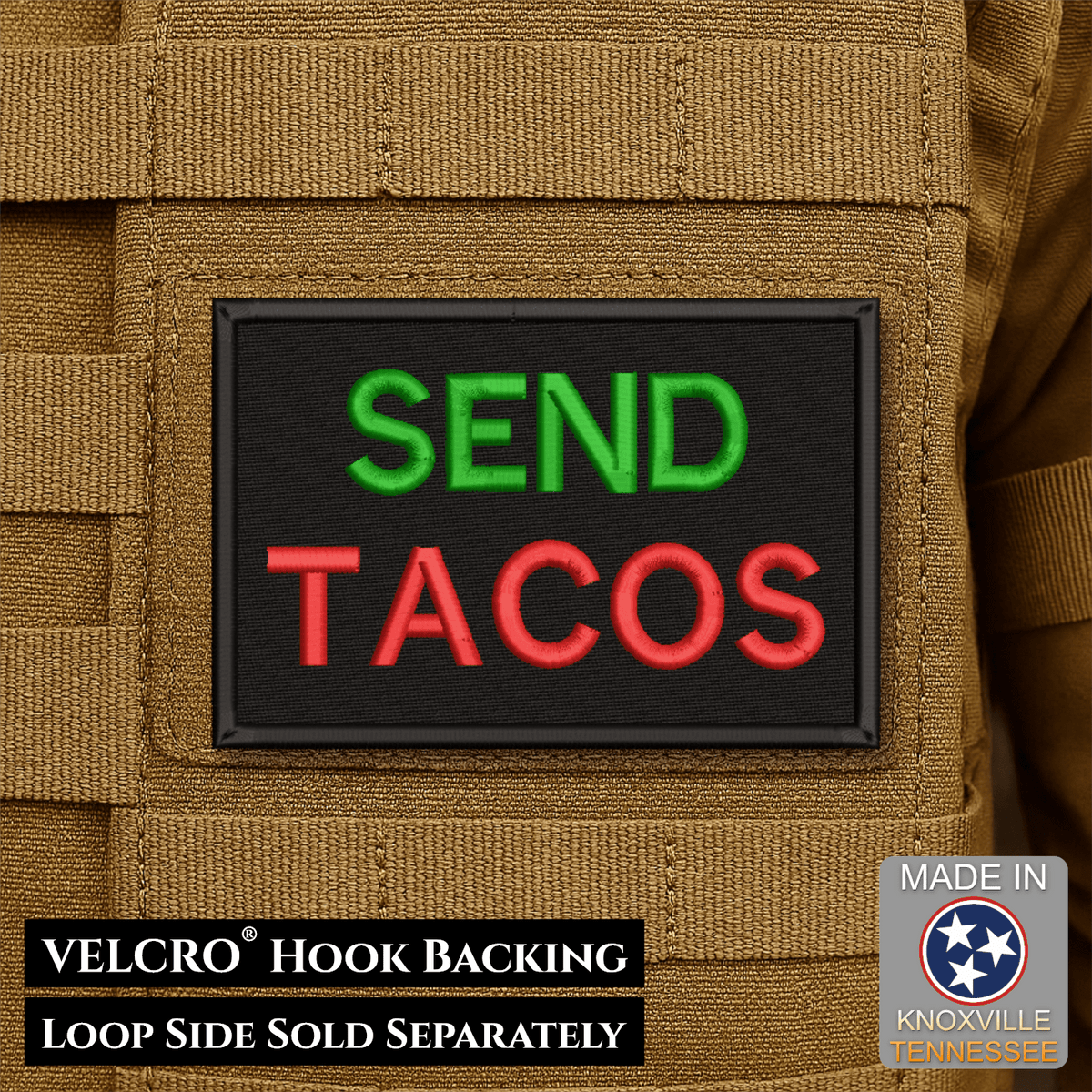 Send Tacos Funny Morale Patch, 2x3" | Made in USA | VELCRO® Brand Hook Backing - #LoneStar Adhesive#