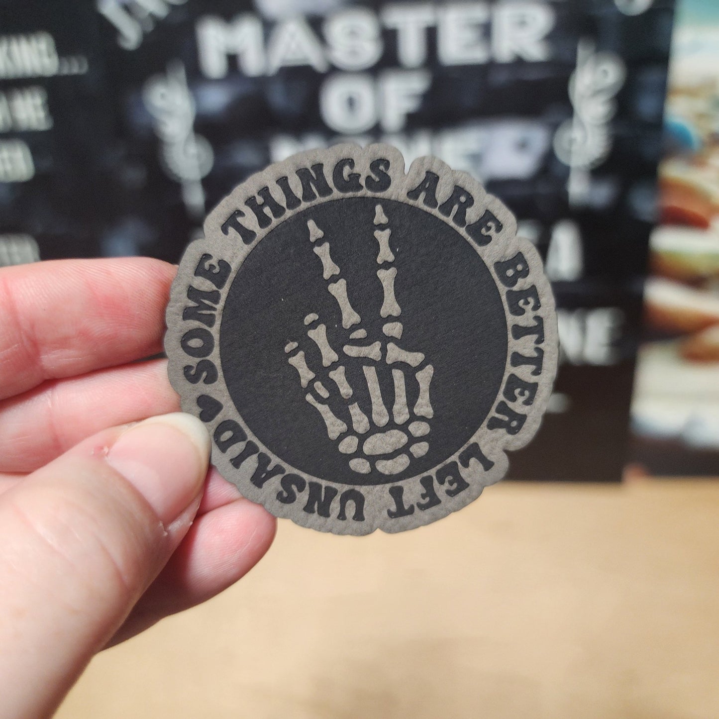 Skeleton Hand Leave It Be (Grey) Engraved Leatherette Hat Patch - MR01 - LoneStar Adhesive