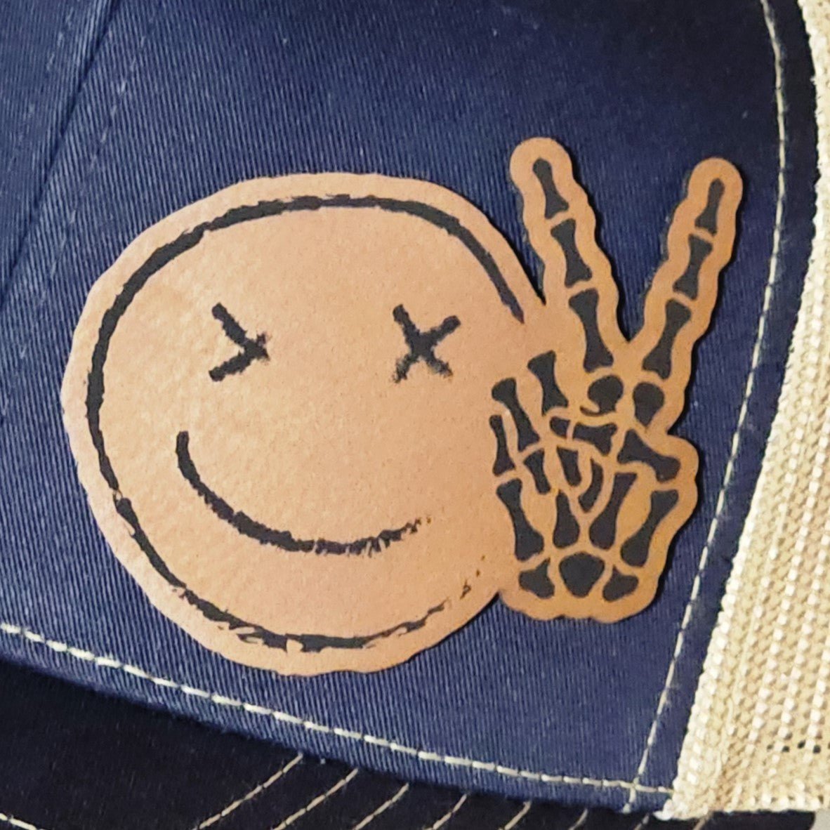 Skull Peace Smiley Face Engraved Leatherette Hat Patch - MR01 - LoneStar Adhesive