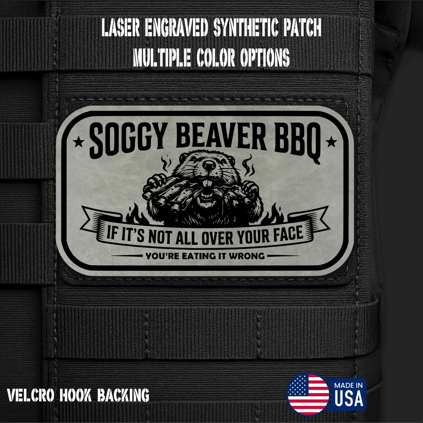 Soggy Beaver BBQ (Option 2) Funny Morale Patch | Made in USA | VELCRO® Brand Hook Backing - LoneStar Adhesive
