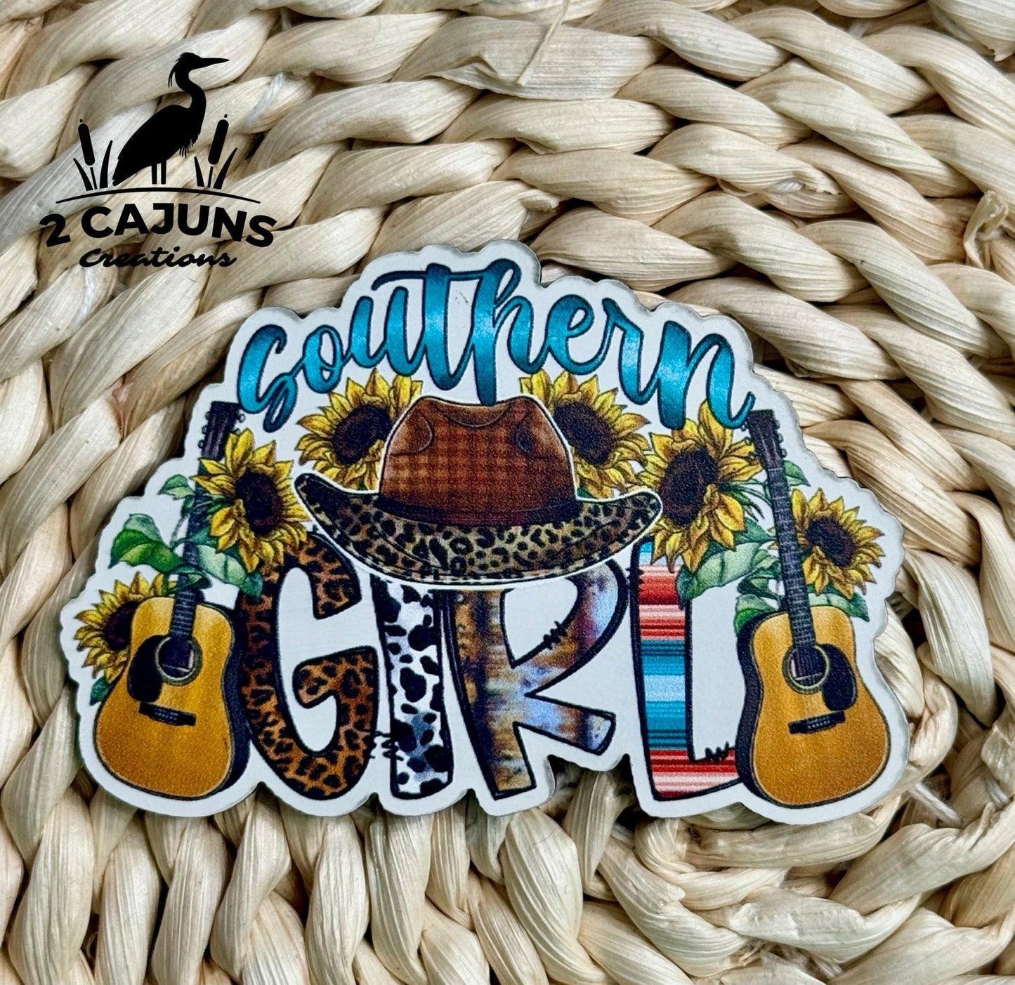 Southern Girl Sunflowers and Guitars UV Printed Leatherette Hat Patch - LoneStar Adhesive