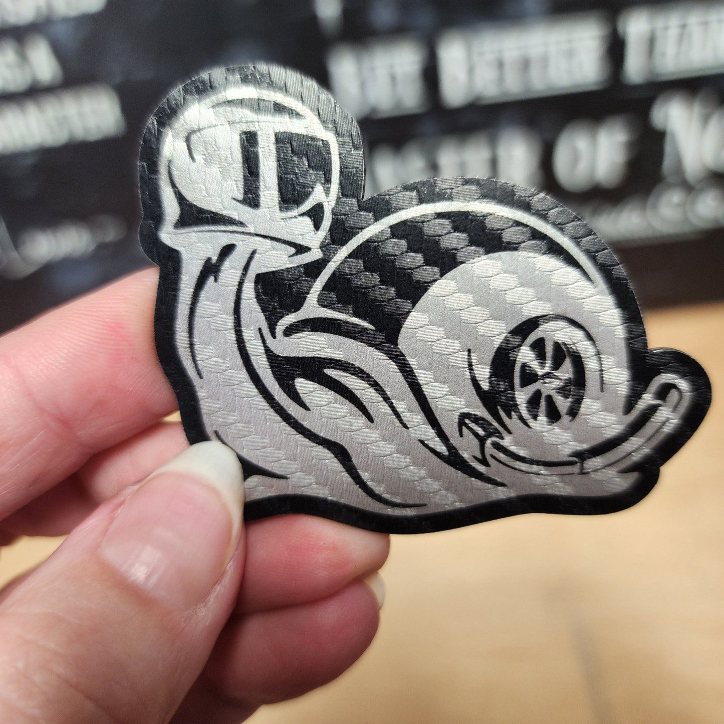 Speedy Snail Turbo Racing Design Engraved Leatherette Hat Patch - MR01 - LoneStar Adhesive
