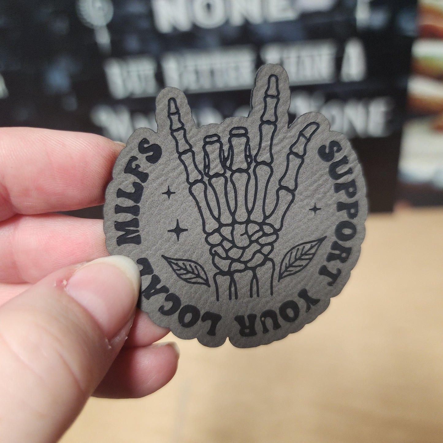 Support Local MILFS Skeleton Hand (Grey) Engraved Leatherette Hat Patch - MR01 - LoneStar Adhesive