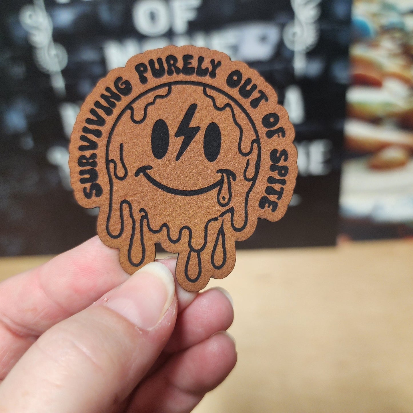 Surviving with a Smile (Rawhide) Engraved Leatherette Hat Patch - MR01 - LoneStar Adhesive