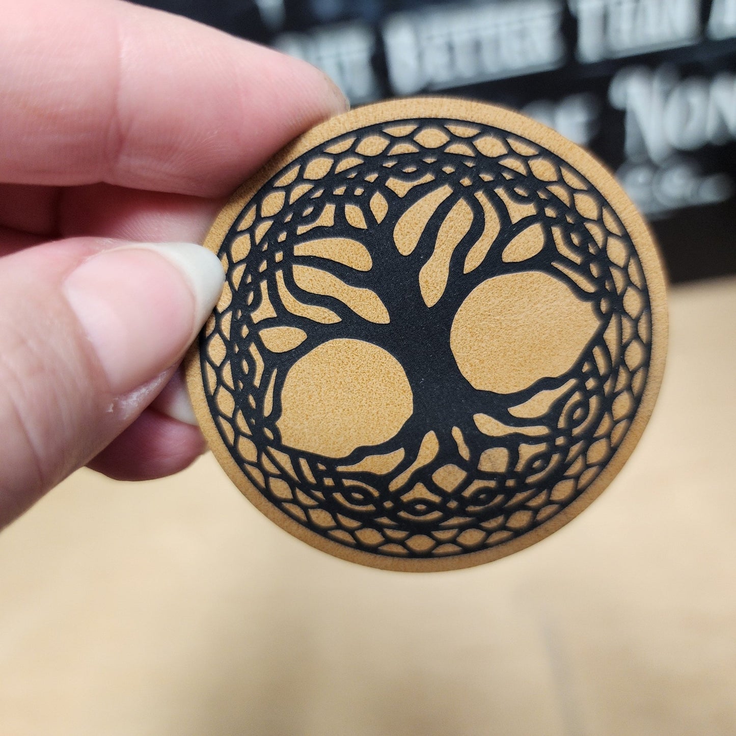 Symbolic Tree of Life (Saddle Tan) Engraved Leatherette Hat Patch - MR01 - LoneStar Adhesive