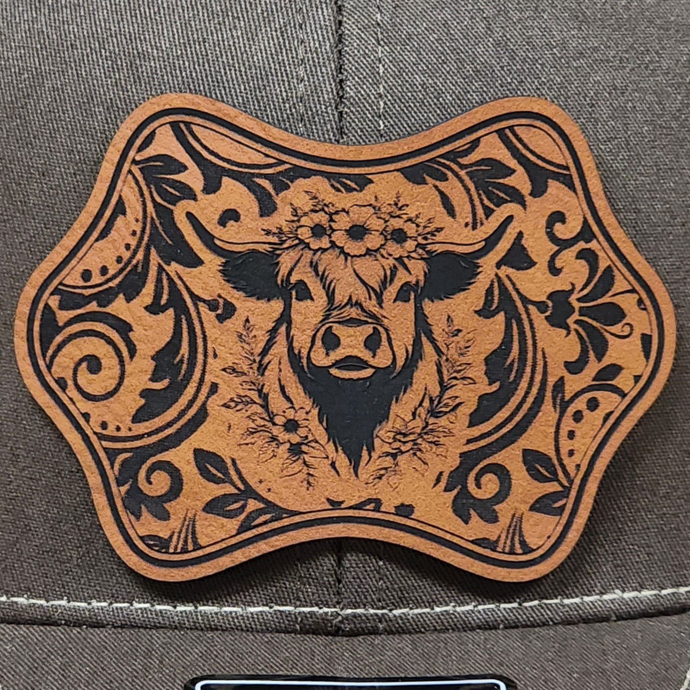 Tooled Floral Highland Cow Engraved Leatherette Hat Patch - MR01 - LoneStar Adhesive