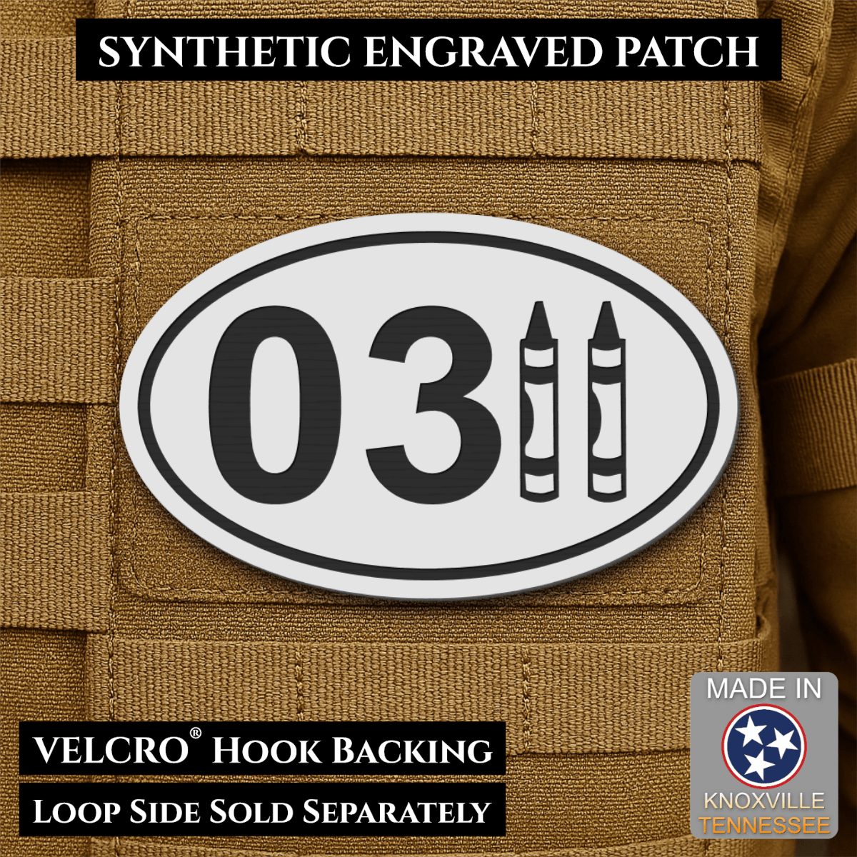Front design and hook backing of USMC 0311 Marine Infantry Crayon patch in white