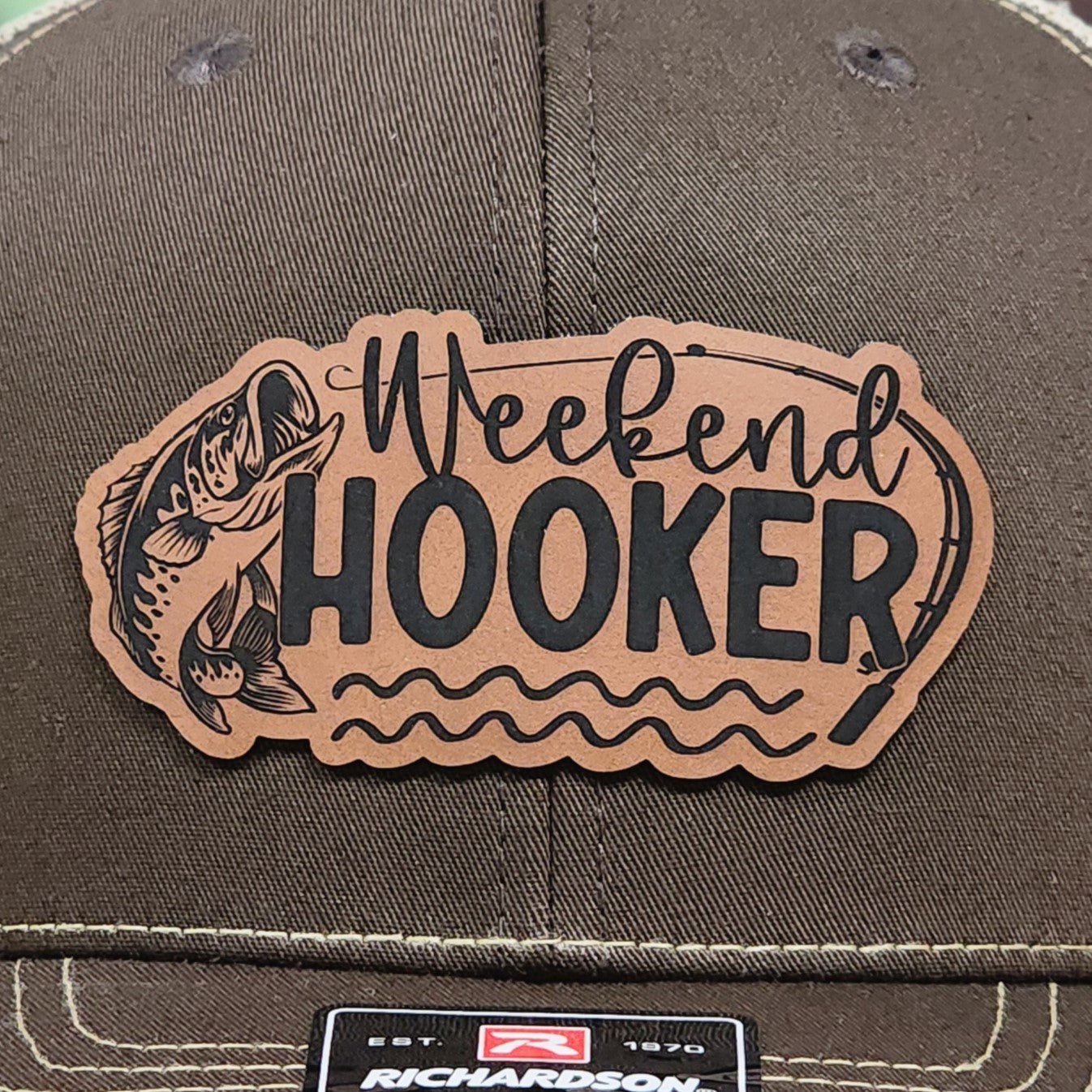Weekend Fishing Engraved Leatherette Hat Patch - MR01 - LoneStar Adhesive