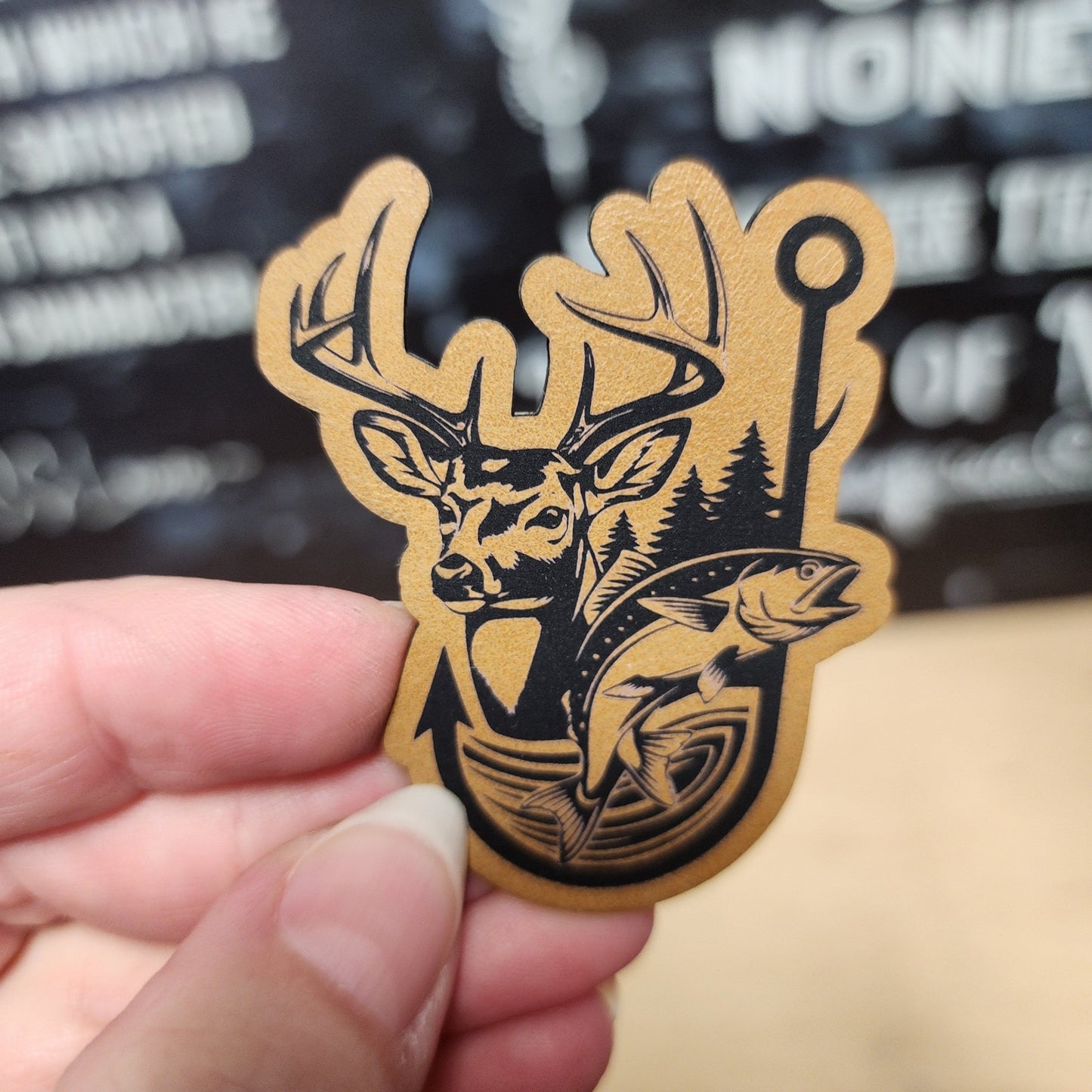 Wildlife Adventure: Deer and Fish (Saddle Tan) Engraved Leatherette Hat Patch - MR01 - LoneStar Adhesive