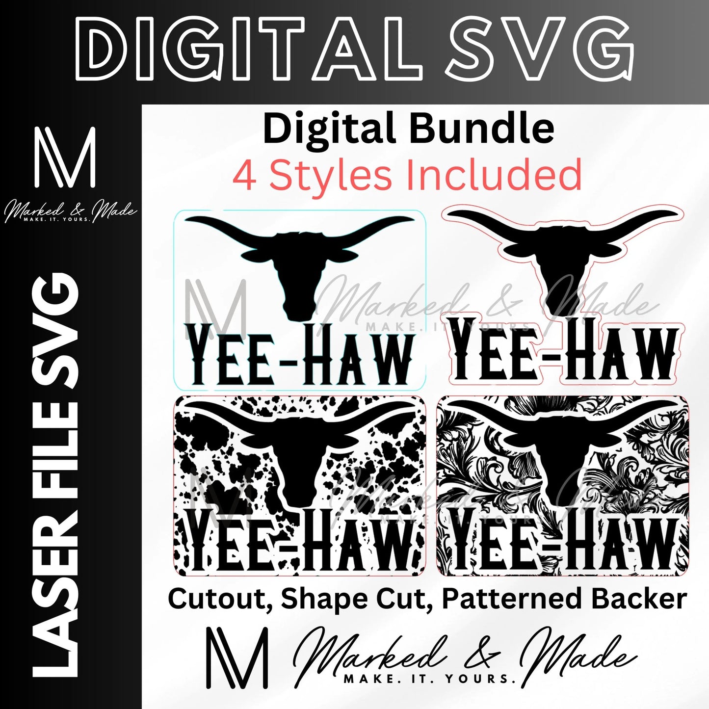 Yee - Haw Longhorn Hat Patch SVG Bundle | Western Boho | Cowhide | Tooled Leather| Hat Patch SVG | Leather Patch SVG| Digital File | Digital Download | Laser File - #LoneStar Adhesive#