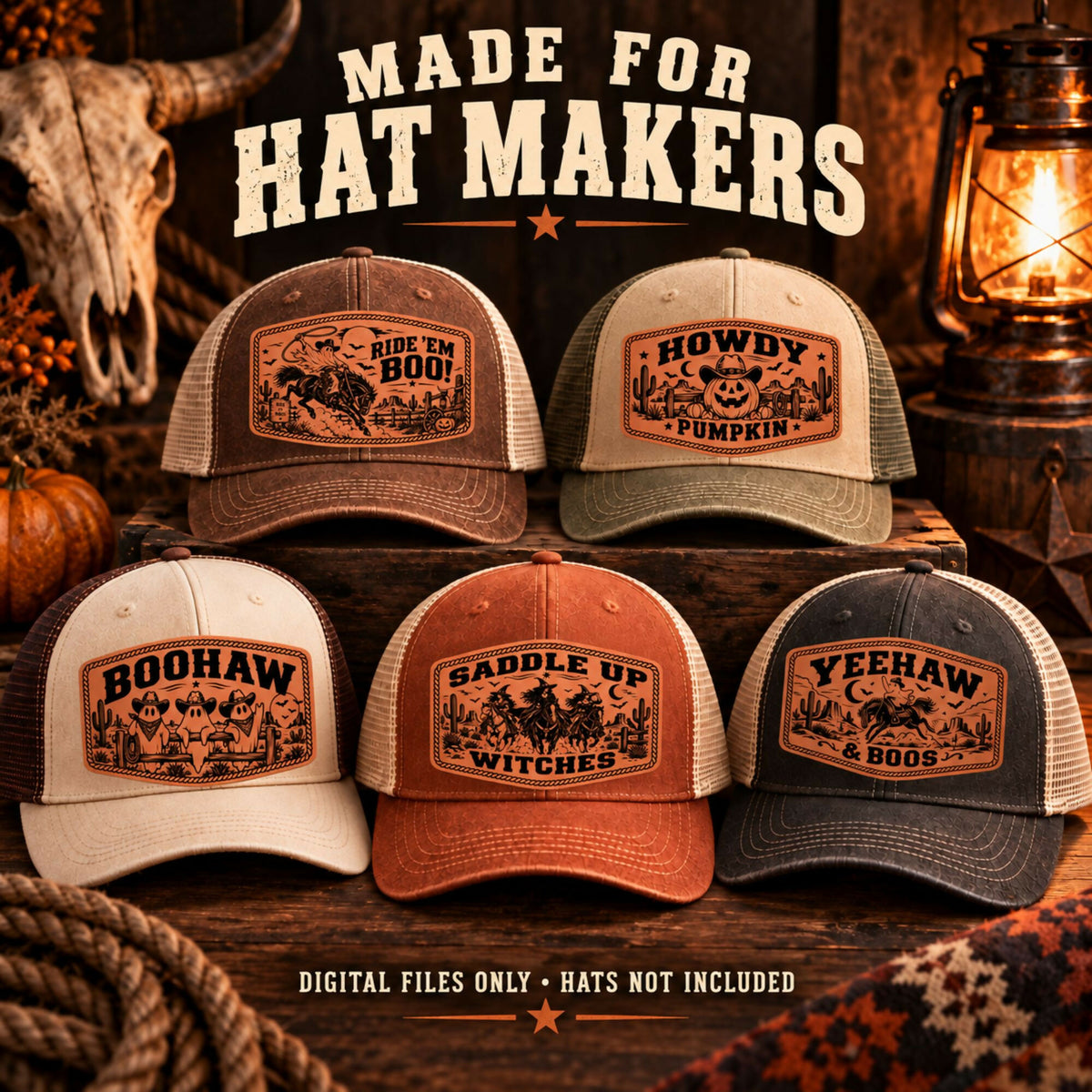 Western Halloween Hat Patch SVG Bundle Vol 2, 8 Laser Engraving Designs, Cowboy Ghosts, Boohaw, Digital Download
