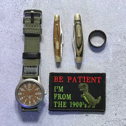 Be Patient I'm From The 1900's Funny Morale Patch, 2x3" | Made in USA | VELCRO® Brand Hook Backing