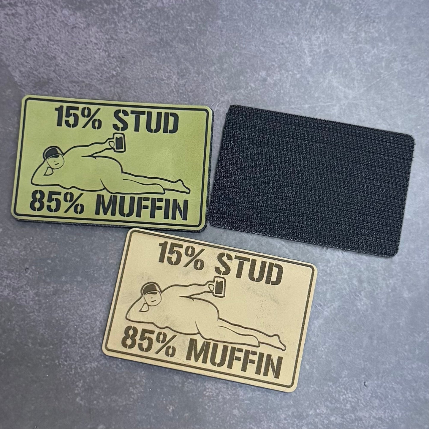 15% Stud 85% Muffin Funny Dad Bod Morale Patch, 2x3" | Made in USA | VELCRO® Brand Hook Backing - LoneStar Adhesive