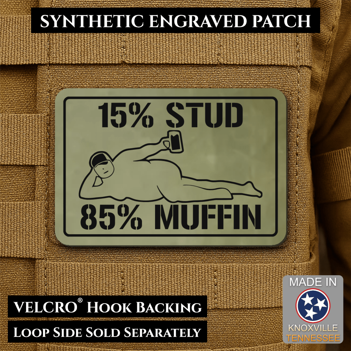 15% Stud 85% Muffin Funny Dad Bod Morale Patch, 2x3" | Made in USA | VELCRO® Brand Hook Backing - LoneStar Adhesive