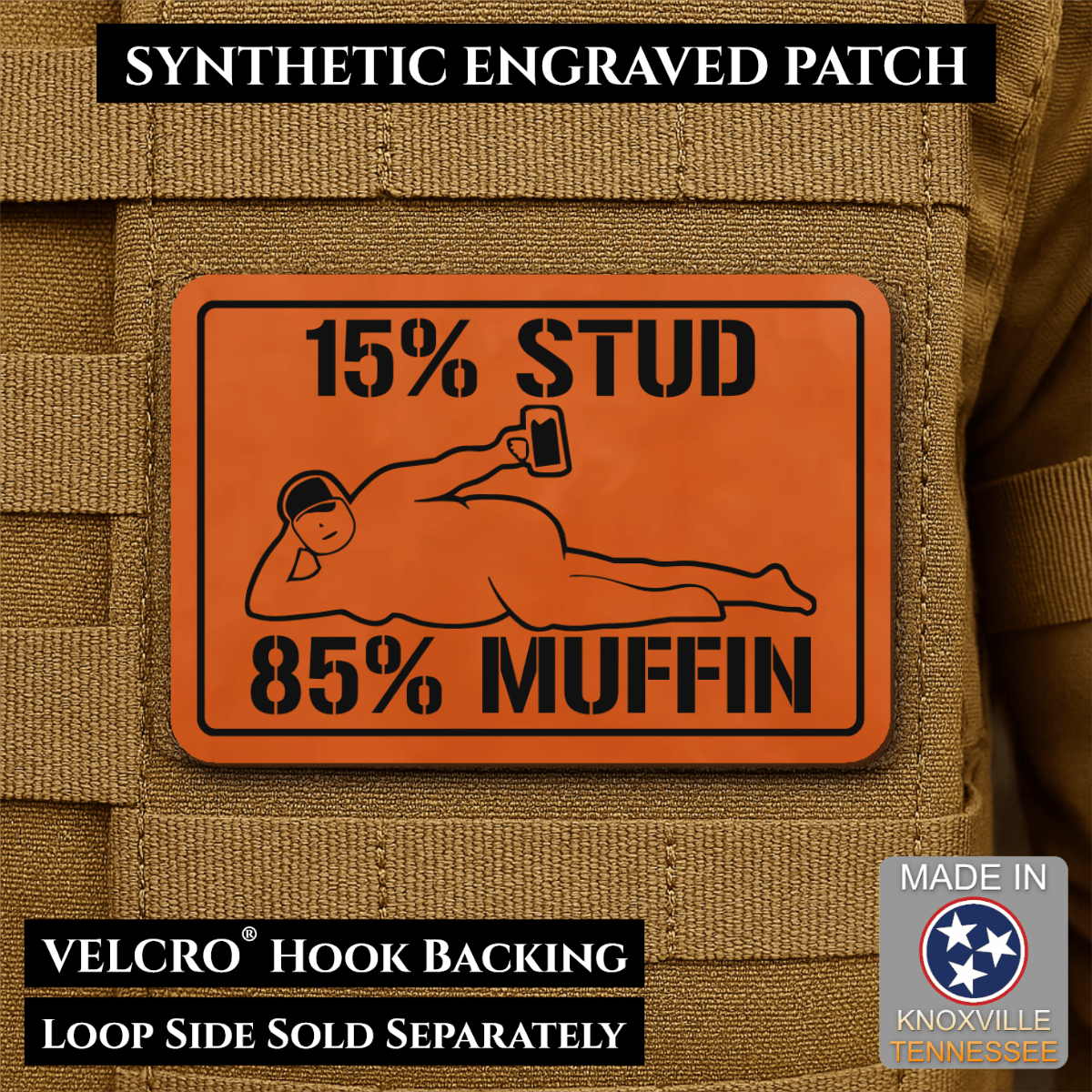 15% Stud 85% Muffin Funny Dad Bod Morale Patch, 2x3" | Made in USA | VELCRO® Brand Hook Backing - LoneStar Adhesive