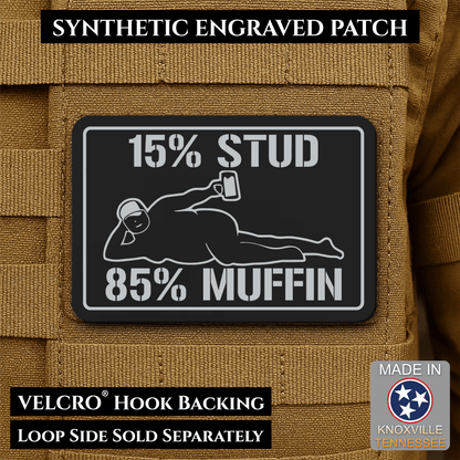 15% Stud 85% Muffin Funny Dad Bod Morale Patch, 2x3" | Made in USA | VELCRO® Brand Hook Backing - LoneStar Adhesive