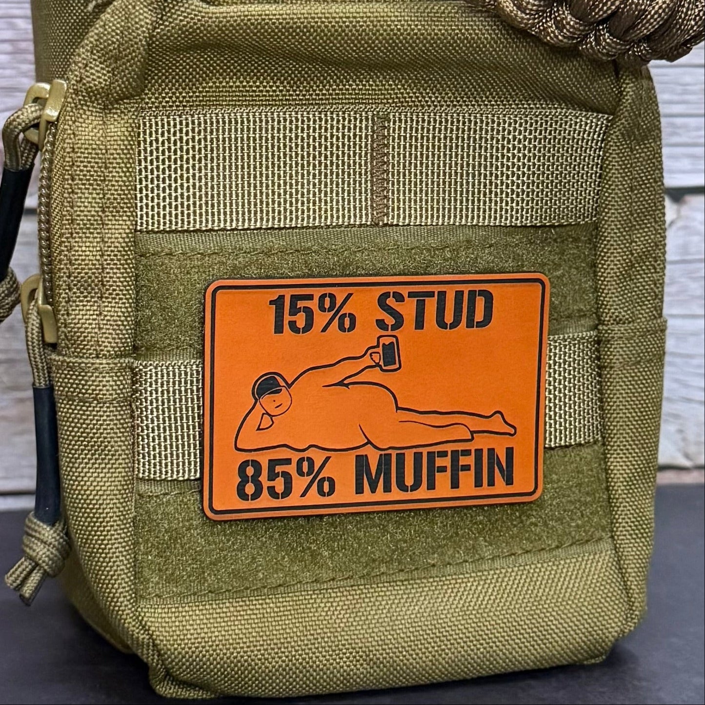 15% Stud 85% Muffin Funny Dad Bod Morale Patch, 2x3" | Made in USA | VELCRO® Brand Hook Backing - LoneStar Adhesive