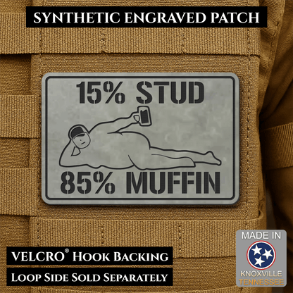 15% Stud 85% Muffin Funny Dad Bod Morale Patch, 2x3" | Made in USA | VELCRO® Brand Hook Backing - LoneStar Adhesive
