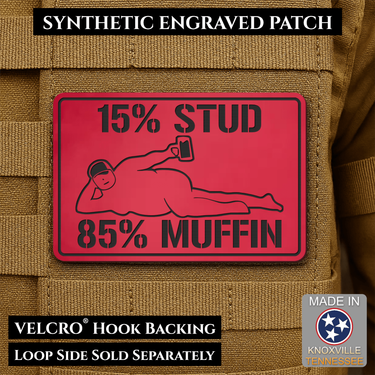 15% Stud 85% Muffin Funny Dad Bod Morale Patch, 2x3" | Made in USA | VELCRO® Brand Hook Backing - LoneStar Adhesive