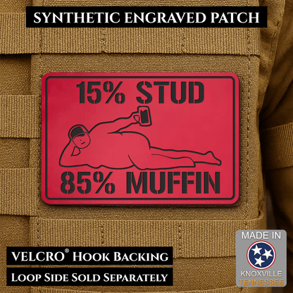 15% Stud 85% Muffin Funny Dad Bod Morale Patch, 2x3" | Made in USA | VELCRO® Brand Hook Backing - LoneStar Adhesive