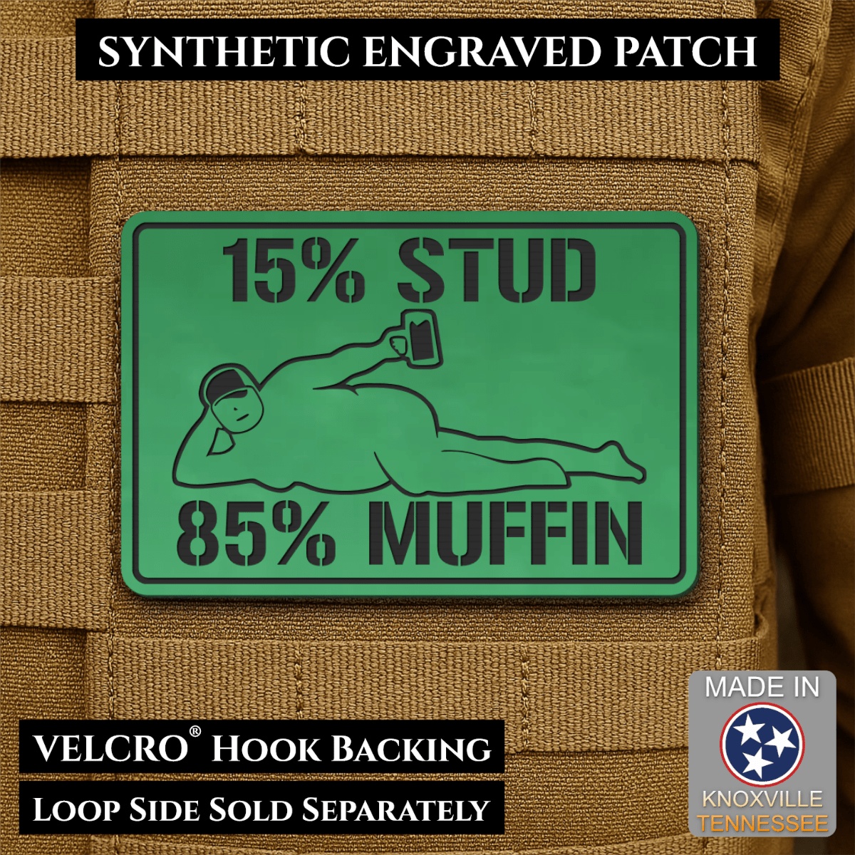 15% Stud 85% Muffin Funny Dad Bod Morale Patch, 2x3" | Made in USA | VELCRO® Brand Hook Backing - LoneStar Adhesive