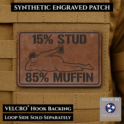 15% Stud 85% Muffin Funny Dad Bod Morale Patch, 2x3" | Made in USA | VELCRO® Brand Hook Backing - LoneStar Adhesive