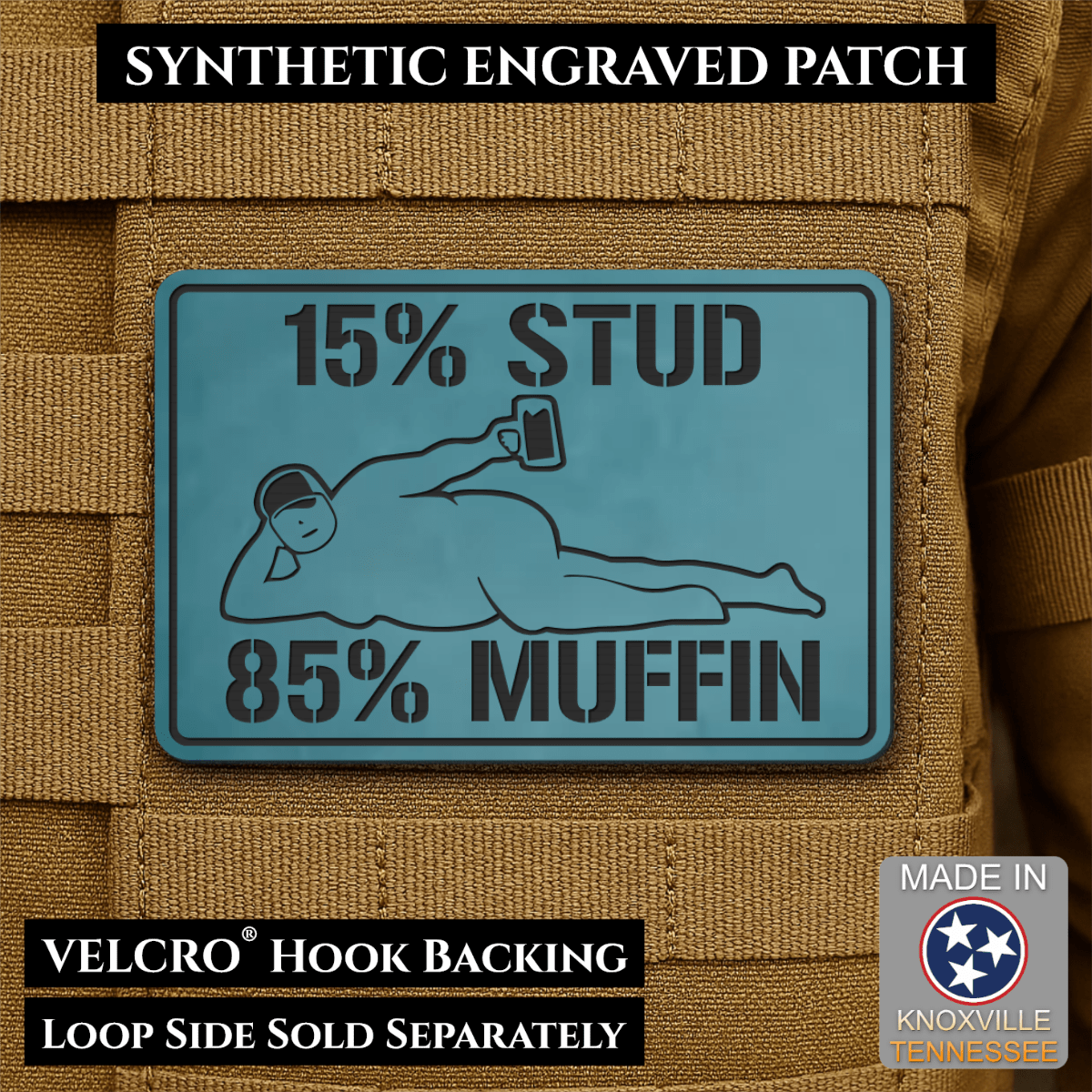15% Stud 85% Muffin Funny Dad Bod Morale Patch, 2x3" | Made in USA | VELCRO® Brand Hook Backing - LoneStar Adhesive