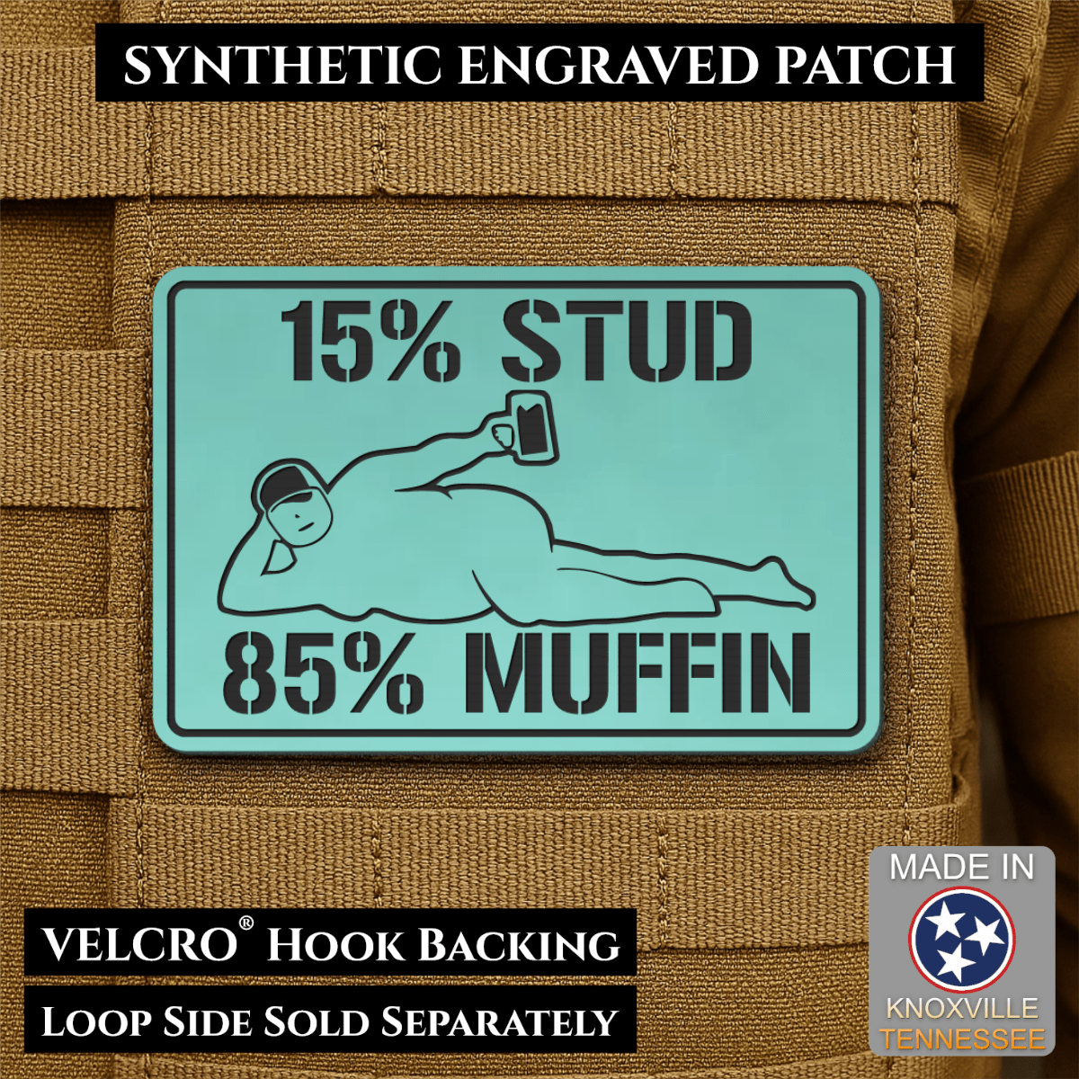 15% Stud 85% Muffin Funny Dad Bod Morale Patch, 2x3" | Made in USA | VELCRO® Brand Hook Backing - LoneStar Adhesive