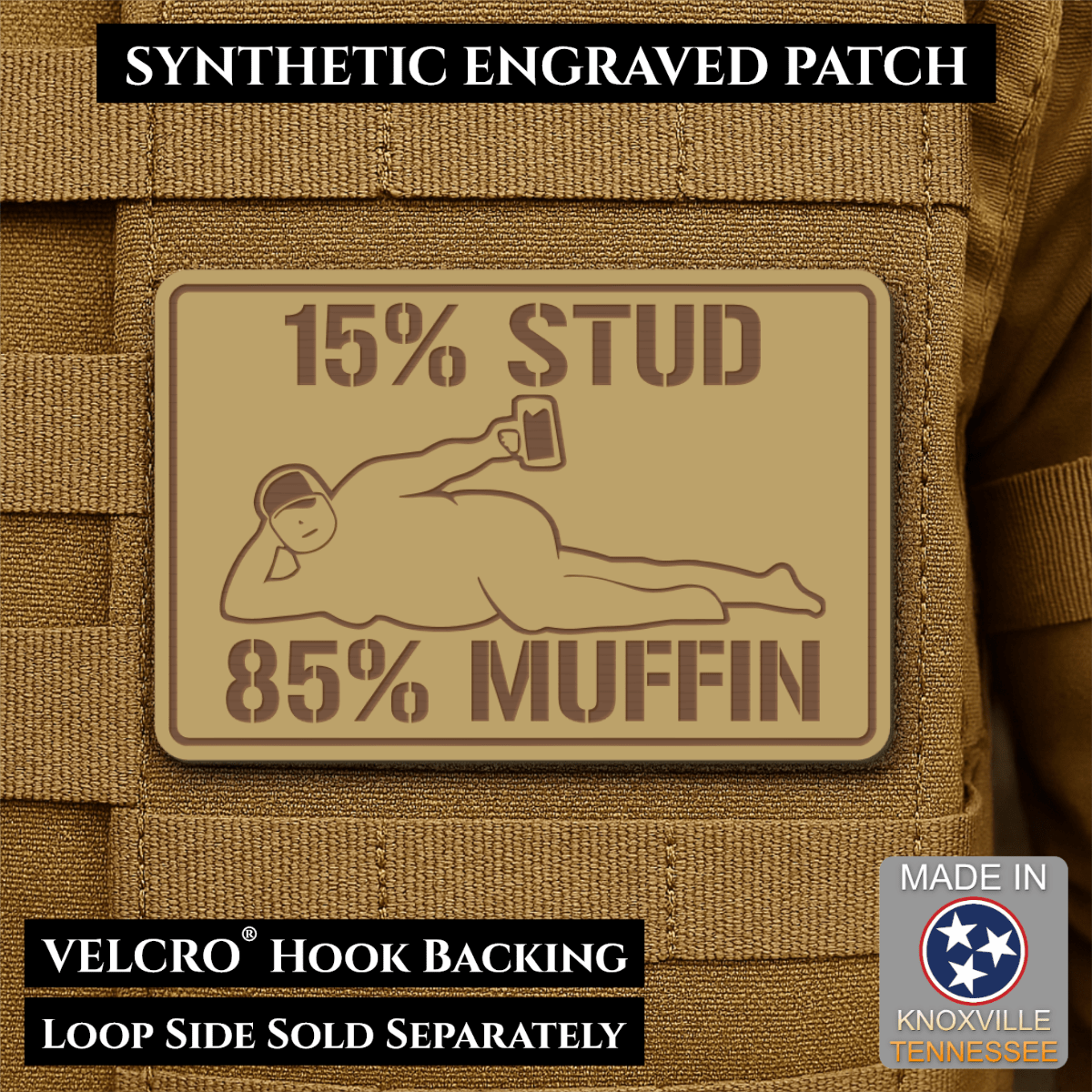 15% Stud 85% Muffin Funny Dad Bod Morale Patch, 2x3" | Made in USA | VELCRO® Brand Hook Backing - LoneStar Adhesive