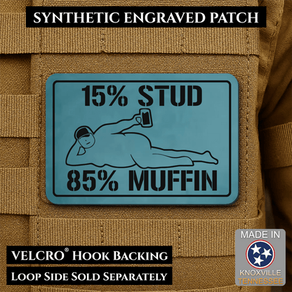 15% Stud 85% Muffin Funny Dad Bod Morale Patch, 2x3" | Made in USA | VELCRO® Brand Hook Backing - LoneStar Adhesive