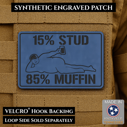 15% Stud 85% Muffin Funny Dad Bod Morale Patch, 2x3" | Made in USA | VELCRO® Brand Hook Backing - LoneStar Adhesive