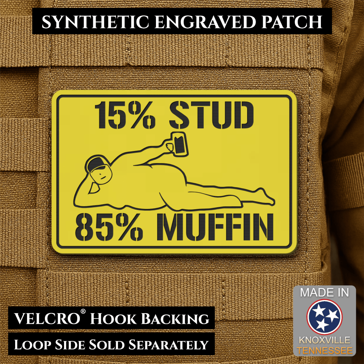 15% Stud 85% Muffin Funny Dad Bod Morale Patch, 2x3" | Made in USA | VELCRO® Brand Hook Backing - LoneStar Adhesive